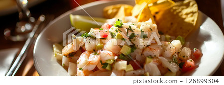 A vibrant plate of traditional ceviche features shrimp, diced tomatoes, and avocado, garnished with fresh herbs. Crispy tortilla chips accompany this refreshing dish at a Mexican restaurant, banner A vibrant plate of traditional ceviche features shrimp, diced tomatoes, and avocado, garnished with fresh herbs. Crispy tortilla chips accompany this refreshing dish at a Mexican restaurant, banner 126899304