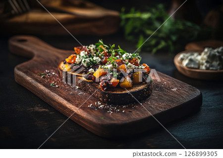 Brightly colored toasts topped with roasted peppers, crumbled cheese, and fresh herbs sit on a natural wood board. A perfect breakfast option any time of day Brightly colored toasts topped with roasted peppers, crumbled cheese, and fresh herbs sit on a natural wood board. A perfect breakfast option any time of day 126899305