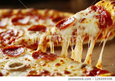 Freshly made traditional Italian pizza features a golden crust with melted cheese and slices of pepperoni. Ideal for sharing during lunch or dinner gatherings 126899306