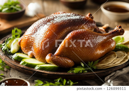 Crispy-skinned Peking duck is beautifully presented on a wooden platter, surrounded by fresh cucumber slices and garnished with herbs, perfect for sharing Crispy-skinned Peking duck is beautifully presented on a wooden platter, surrounded by fresh cucumber slices and garnished with herbs, perfect for sharing 126899311