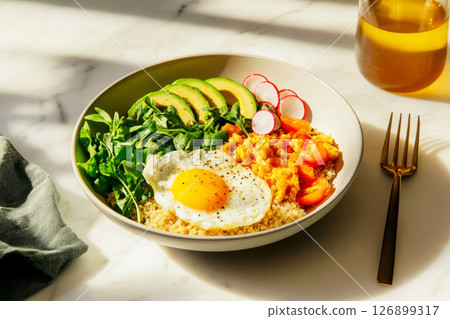A nutritious breakfast bowl features fluffy scrambled eggs, creamy avocado, fresh cucumber, crisp radishes, and hearty quinoa, perfect for a healthy start to your day A nutritious breakfast bowl features fluffy scrambled eggs, creamy avocado, fresh cucumber, crisp radishes, and hearty quinoa, perfect for a healthy start to your day 126899317