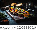 Deliciously prepared creative toasts showcase a combination of melted cheese, flavorful sauces, and fresh basil on a rustic wooden serving board for breakfast 126899319