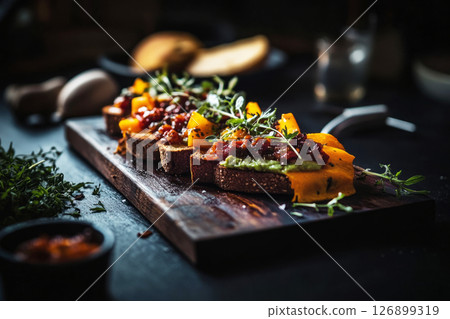 Deliciously prepared creative toasts showcase a combination of melted cheese, flavorful sauces, and fresh basil on a rustic wooden serving board for breakfast Deliciously prepared creative toasts showcase a combination of melted cheese, flavorful sauces, and fresh basil on a rustic wooden serving board for breakfast 126899319