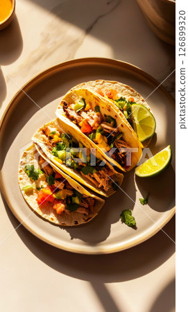 Tacos filled with shredded meat, diced tomatoes, and fresh cilantro rest on a plate beside a lime wedge in a warm, inviting ambiance, perfect for a casual meal 126899320