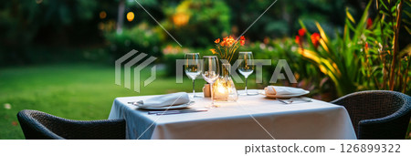 A beautifully arranged dining table in a vibrant garden features fine tableware and glasses, creating a serene atmosphere for guests to enjoy a meal outdoors, banner 126899322