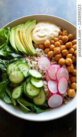 A vibrant breakfast bowl features chickpeas, sliced avocado, fresh cucumber, and radishes over grains, garnished with a dollop of sauce, perfect for a healthy start 126899323