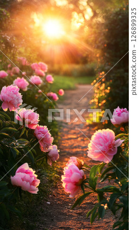 A serene path winds through a lush garden filled with soft pink peonies as warm sunlight filters through the trees, creating a peaceful atmosphere during golden hour A serene path winds through a lush garden filled with soft pink peonies as warm sunlight filters through the trees, creating a peaceful atmosphere during golden hour 126899325