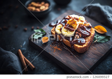 Enjoy a delightful breakfast with creative toasts topped with banana slices, nut butter, walnuts, and a sprinkle of cinnamon on a rustic wooden surface, perfect for a cozy morning meal Enjoy a delightful breakfast with creative toasts topped with banana slices, nut butter, walnuts, and a sprinkle of cinnamon on a rustic wooden surface, perfect for a cozy morning meal 126899327