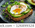 Delicious breakfast toasts artfully arranged with ripe avocado, a soft poached egg, and fresh herbs, creating a vibrant and healthy meal option for morning diners 126899328