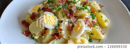 A hearty serving of Kartoffelsalat, adorned with sliced hard-boiled eggs and crispy bacon, showcases a traditional German dish served in a casual dining environment, banner A hearty serving of Kartoffelsalat, adorned with sliced hard-boiled eggs and crispy bacon, showcases a traditional German dish served in a casual dining environment, banner 126899330