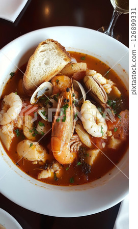 Traditional bouillabaisse seafood stew served in a rustic bowl with fresh herbs and crusty bread at a cozy French restaurant Traditional bouillabaisse seafood stew served in a rustic bowl with fresh herbs and crusty bread at a cozy French restaurant 126899331