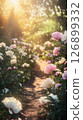Scenic pathway meanders through a lush garden adorned with blooming peonies, bathed in golden sunlight, inviting tranquility and natural beauty 126899332