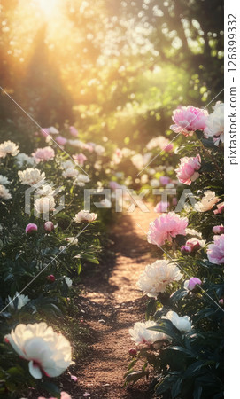 Scenic pathway meanders through a lush garden adorned with blooming peonies, bathed in golden sunlight, inviting tranquility and natural beauty Scenic pathway meanders through a lush garden adorned with blooming peonies, bathed in golden sunlight, inviting tranquility and natural beauty 126899332