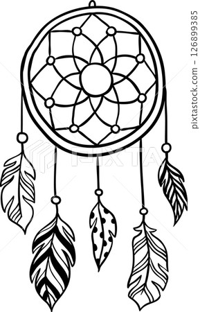 Hand drawn dreamcatcher with beads and feathers hanging, protecting a sleeping person from bad dreams and nightmares, ensuring a peaceful night sleep Hand drawn dreamcatcher with beads and feathers hanging, protecting a sleeping person from bad dreams and nightmares, ensuring a peaceful night sleep 126899385
