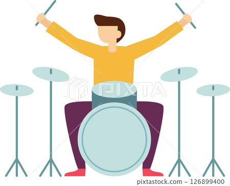 Enthusiastic drummer sitting with legs spread while passionately playing drums, arms raised high with drumsticks, captured in a vibrant and colorful illustration Enthusiastic drummer sitting with legs spread while passionately playing drums, arms raised high with drumsticks, captured in a vibrant and colorful illustration 126899400