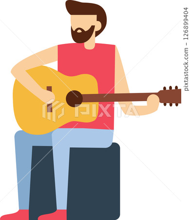 Bearded guitarist sitting on a stool, passionately playing an acoustic guitar and creating vibrant melodies in a colorful, minimalist style that captures the essence of music and creativity 126899404