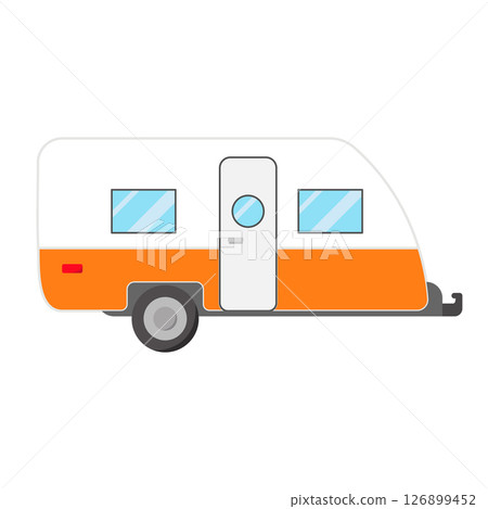 Camping Trailer Van for Travel and Adventure Vector Illustration. This compact mobile home is designed for road trips and outdoor adventures. 126899452