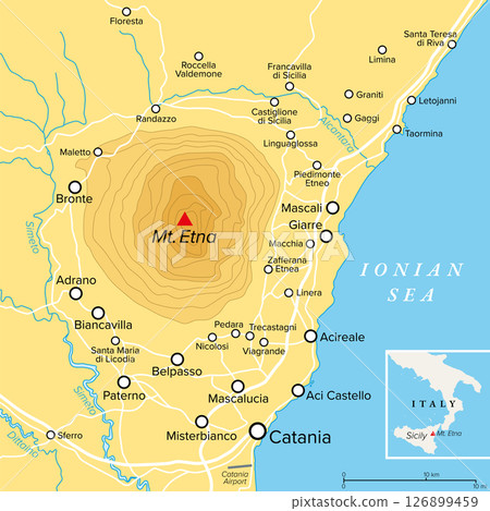 Mount Etna, political map. Etna, also called Mongibello, an active stratovolcano on the east coast of Sicily, Italy, in the Metropolitan City of Catania. One of the tallest active volcanoes in Europe. 126899459