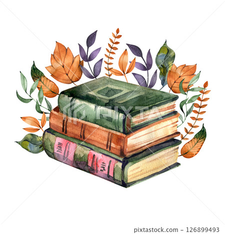 Watercolor Illustration books and autumn leaves. Hand drawn fall art work. 126899493