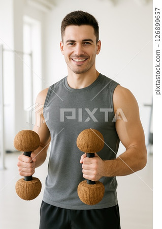 Young athletic man in a sleeveless gray shirt is smiling while holding coconut-shaped dumbbells in a bright gym, showcasing fitness and strength training enthusiasm Young athletic man in a sleeveless gray shirt is smiling while holding coconut-shaped dumbbells in a bright gym, showcasing fitness and strength training enthusiasm 126899657