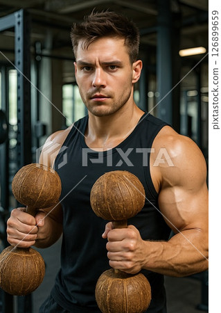Athletic man in a black tank top holds two unique weights made of natural materials, showcasing strength and determination in a modern gym environment with workout equipment 126899659