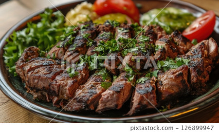 Elegant plate of juicy meat accompanied by fresh vegetables for a complete meal 126899947