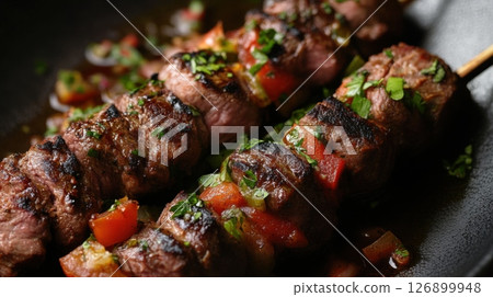 Exquisite plate of meat skewers arranged neatly for a flavorful and colorful meal 126899948
