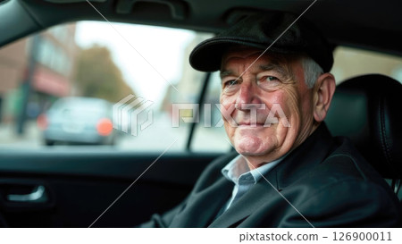 Senior Caucasian man with gray hair and a cap sitting in the passenger seat of a car. An elderly grandfather is a driver Senior Caucasian man with gray hair and a cap sitting in the passenger seat of a car. An elderly grandfather is a driver 126900011