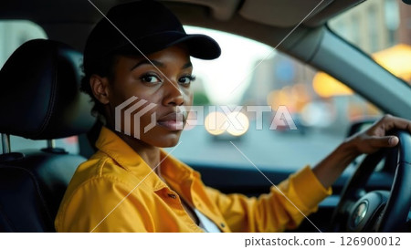 Portrait of a young African American woman driving a taxi. She wears a yellow jacket and a black cap. A female delivery courier in a uniform. The city street is visible in the background 126900012