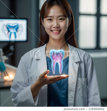Dentist analyzing 3d hologram of tooth, futuristic dental technology, modern clinic, glowing blue projection, medical innovation, high-tech healthcare 126900092