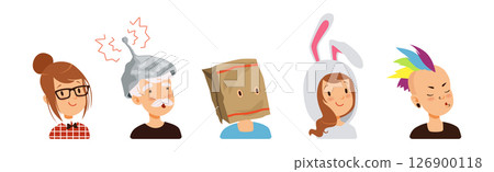 Man and Woman Head and Profile Portrait Vector Set 126900118