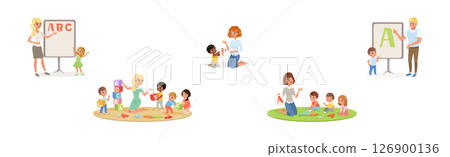 Teacher Explaining Alphabet to Children in Kindergarten Vector Set Teacher Explaining Alphabet to Children in Kindergarten Vector Set 126900136