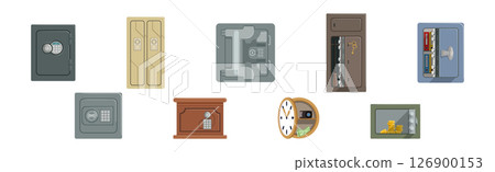 Security Metal Safe Deposit Box for Money Saving Vector Set 126900153