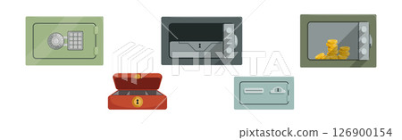 Security Metal Safe Deposit Box for Money Saving Vector Set Security Metal Safe Deposit Box for Money Saving Vector Set 126900154