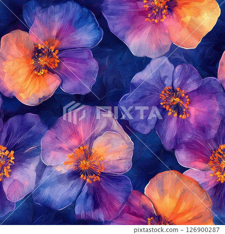 A vibrant arrangement of purple and orange flowers creating a beautiful floral composition Seamless Texture 126900287