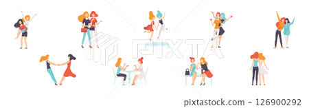 Young Woman Friend Character Spend Time Together Vector Set 126900292