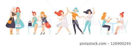 Young Woman Friend Character Spend Time Together Vector Set Young Woman Friend Character Spend Time Together Vector Set 126900293