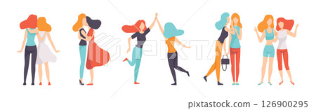 Young Woman Friend Character Spend Time Together Vector Set Young Woman Friend Character Spend Time Together Vector Set 126900295
