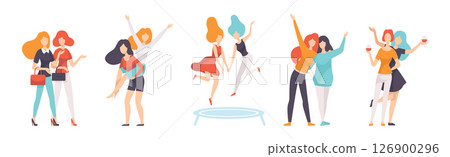 Young Woman Friend Character Spend Time Together Vector Set Young Woman Friend Character Spend Time Together Vector Set 126900296