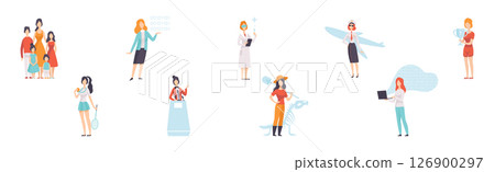 Strong Woman Character Achieve Goal Having Freedom Vector Set 126900297