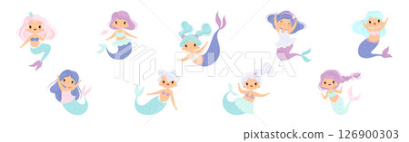 Cute Mermaid Girl with Wavy Hair and Fish Tail Vector Set 126900303