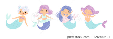 Cute Mermaid Girl with Wavy Hair and Fish Tail Vector Set Cute Mermaid Girl with Wavy Hair and Fish Tail Vector Set 126900305