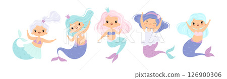 Cute Mermaid Girl with Wavy Hair and Fish Tail Vector Set 126900306