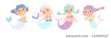 Cute Mermaid Girl with Wavy Hair and Fish Tail Vector Set 126900307
