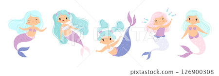 Cute Mermaid Girl with Wavy Hair and Fish Tail Vector Set Cute Mermaid Girl with Wavy Hair and Fish Tail Vector Set 126900308