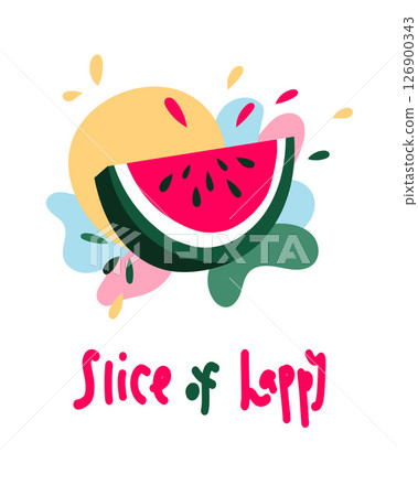Playful graphic of a watermelon slice with bright abstract splashes and the phrase Slice of Happy in bold hand-drawn font. Playful graphic of a watermelon slice with bright abstract splashes and the phrase Slice of Happy in bold hand-drawn font. 126900343