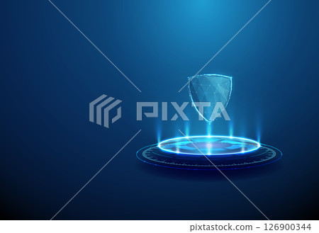 Shield on futuristic podium. Cybersecurity, digital protection, data security, encryption technology concept. 126900344