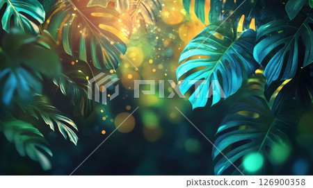 Captivating background of vibrant green tropical leaves with bokeh light effects creating magical and serene atmosphere. Perfect for nature, relaxation or exotic themes 126900358