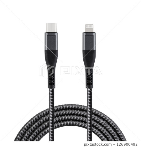 Black cable for charging and synchronization with Type - C and Lightning connectors on a white isolated background 126900492