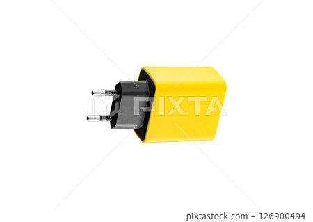 adapter for charger with USB and Type C connector, yellow, on isolated or white background adapter for charger with USB and Type C connector, yellow, on isolated or white background 126900494